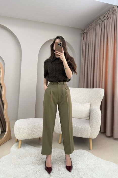 ONE COLOR SIMPLE CLASSIC WOMEN TROUSERS OLIVE/ULLI - KLAUDIO FASHION