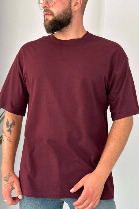 ONE COLOR SIMPLE COTTON MEN T-SHIRT BURGUNDY/VISHNJE - 1