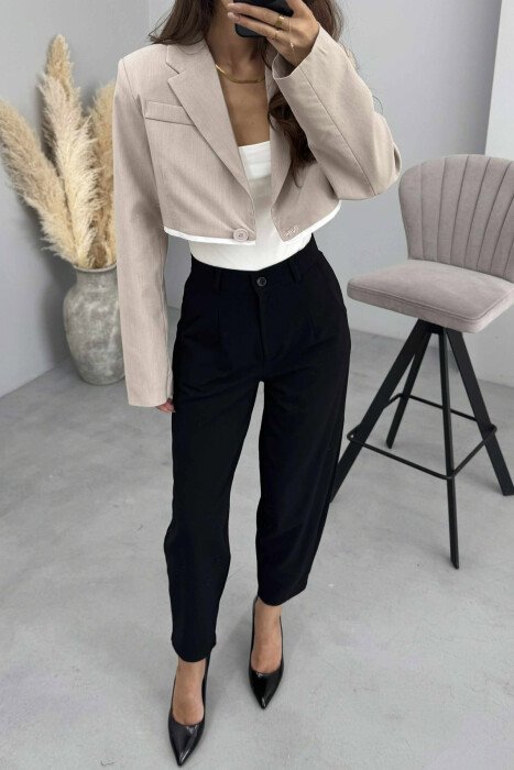 ONE COLOR SIMPLE CROPPED WOMEN JACKET BEIGE/BEZHE - 3