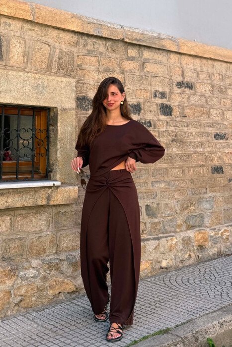 ONE COLOR SIMPLE CROP+TROUSERS WOMEN SET BROWN/KAFE - 1