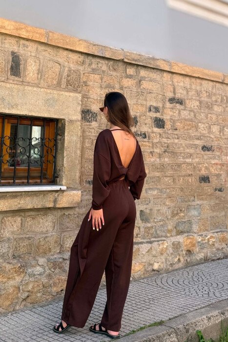 ONE COLOR SIMPLE CROP+TROUSERS WOMEN SET BROWN/KAFE - 3