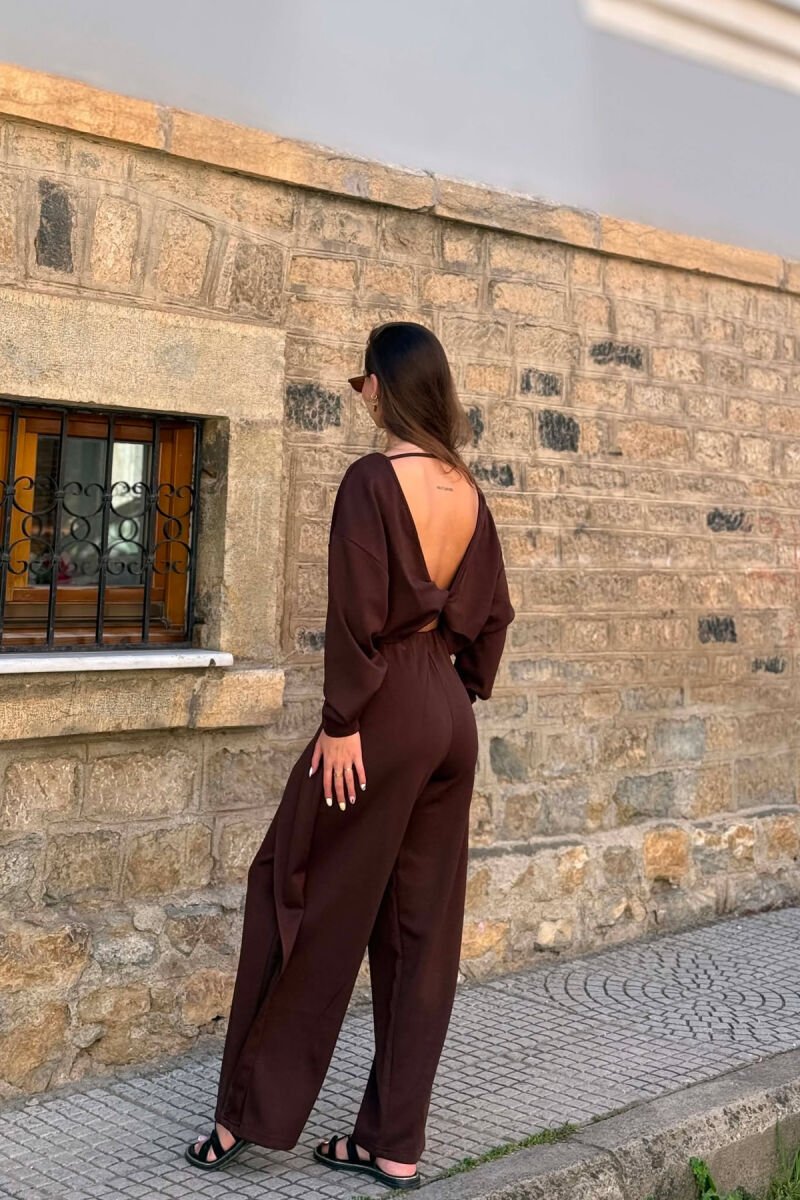 ONE COLOR SIMPLE CROP+TROUSERS WOMEN SET BROWN/KAFE - 3