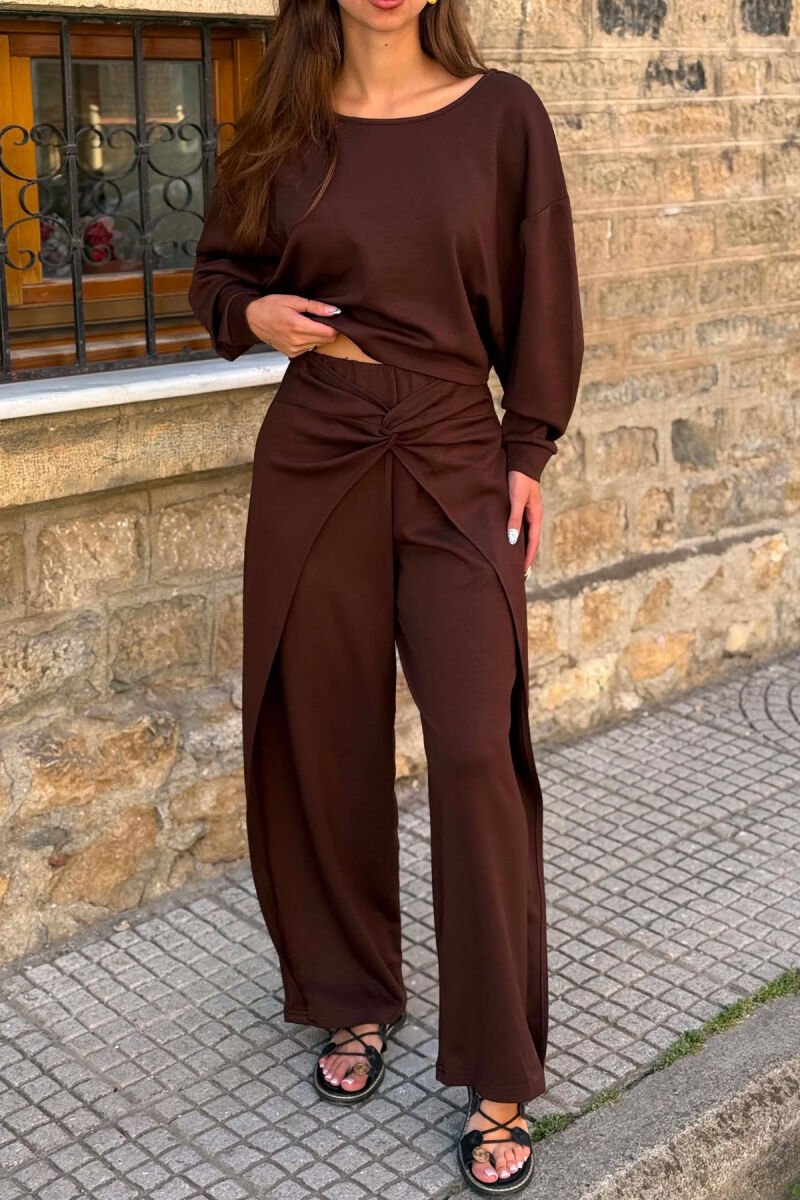 ONE COLOR SIMPLE CROP+TROUSERS WOMEN SET BROWN/KAFE - 4