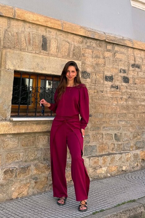 ONE COLOR SIMPLE CROP+TROUSERS WOMEN SET BURGUNDY/VISHNJE - 1