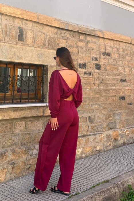 ONE COLOR SIMPLE CROP+TROUSERS WOMEN SET BURGUNDY/VISHNJE - 3
