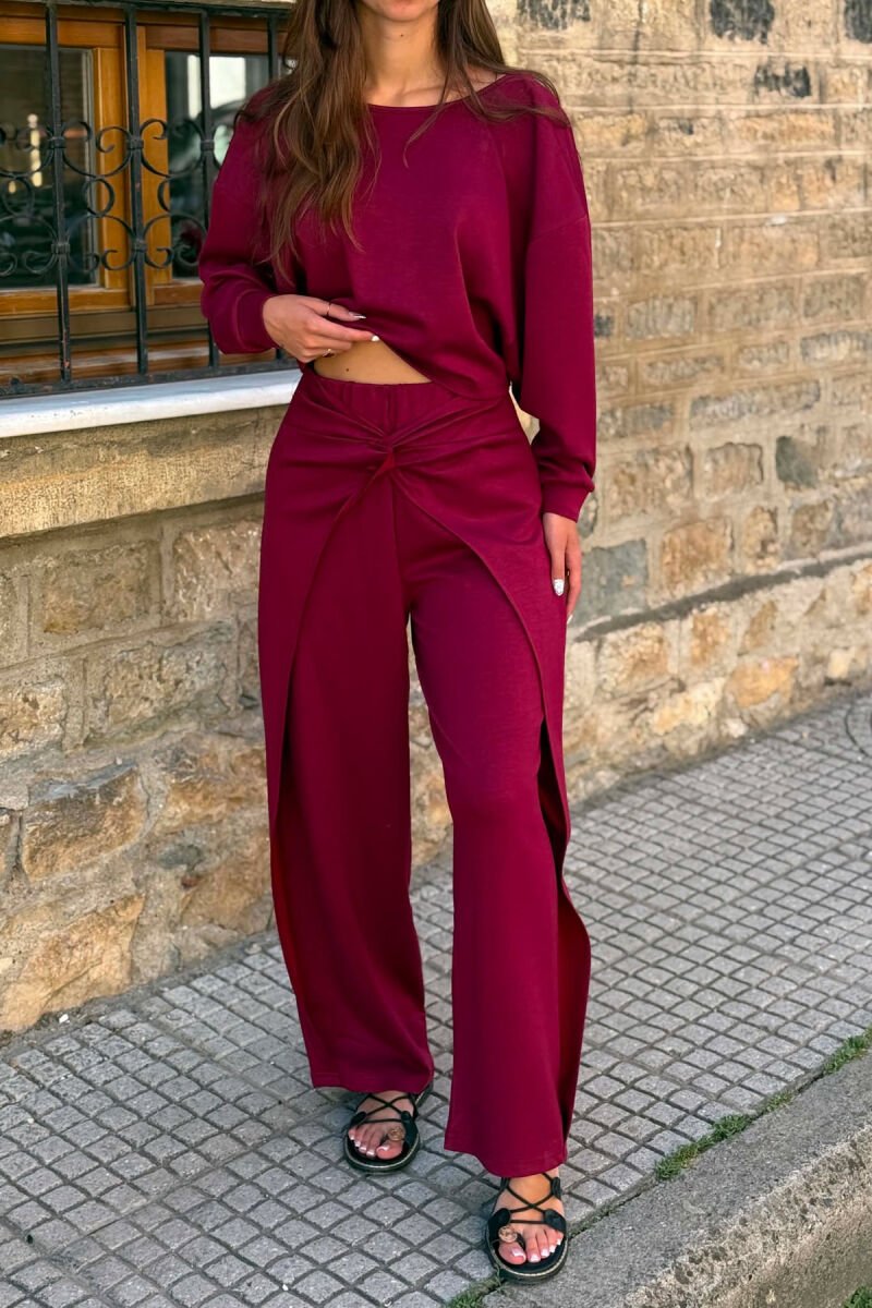 ONE COLOR SIMPLE CROP+TROUSERS WOMEN SET BURGUNDY/VISHNJE - 4