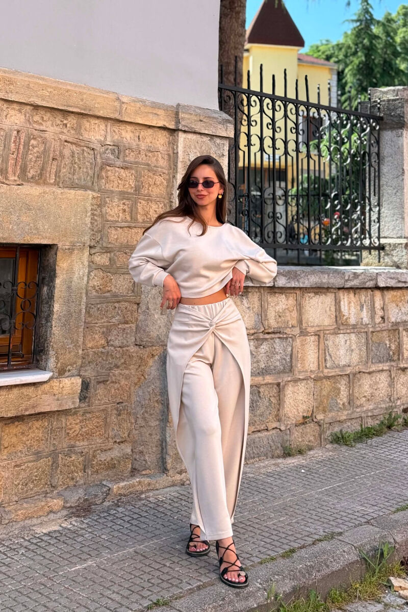 ONE COLOR SIMPLE CROP+TROUSERS WOMEN SET CREAM/KREM - 1