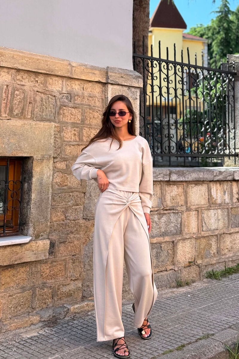ONE COLOR SIMPLE CROP+TROUSERS WOMEN SET CREAM/KREM - 2