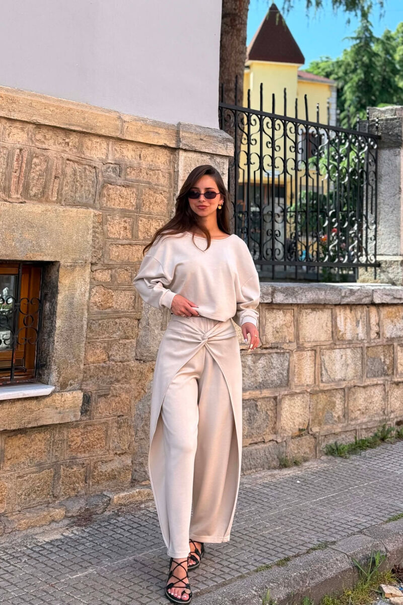 ONE COLOR SIMPLE CROP+TROUSERS WOMEN SET CREAM/KREM - 3