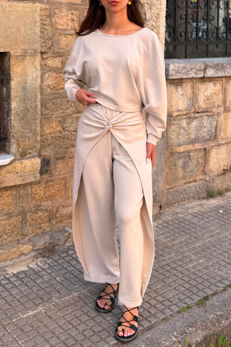 ONE COLOR SIMPLE CROP+TROUSERS WOMEN SET CREAM/KREM - 5