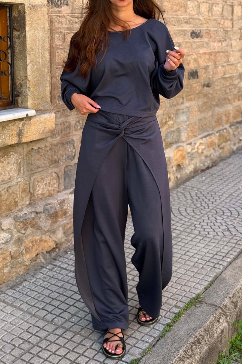 ONE COLOR SIMPLE CROP+TROUSERS WOMEN SET DARK GREY/GEE - 3