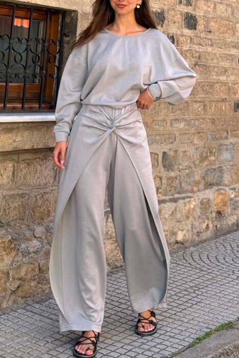 ONE COLOR SIMPLE CROP+TROUSERS WOMEN SET GREY/GRI - 3