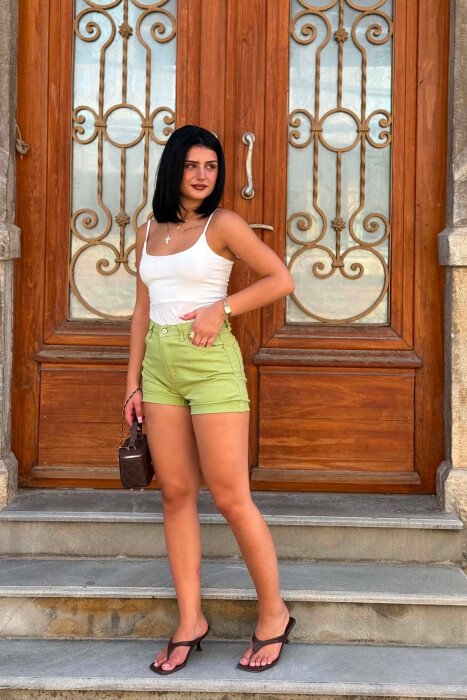 ONE COLOR SIMPLE DENIM WOMAN SHORTS PISTACHIO - 6