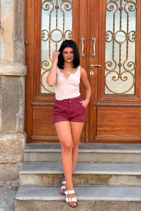ONE COLOR SIMPLE DENIM WOMEN SHORTS BURGUNDY/VISHNJE - 2