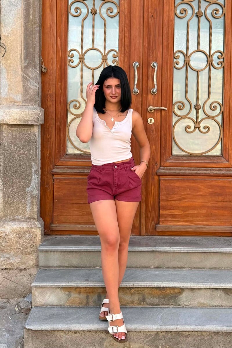 ONE COLOR SIMPLE DENIM WOMEN SHORTS BURGUNDY/VISHNJE - 2
