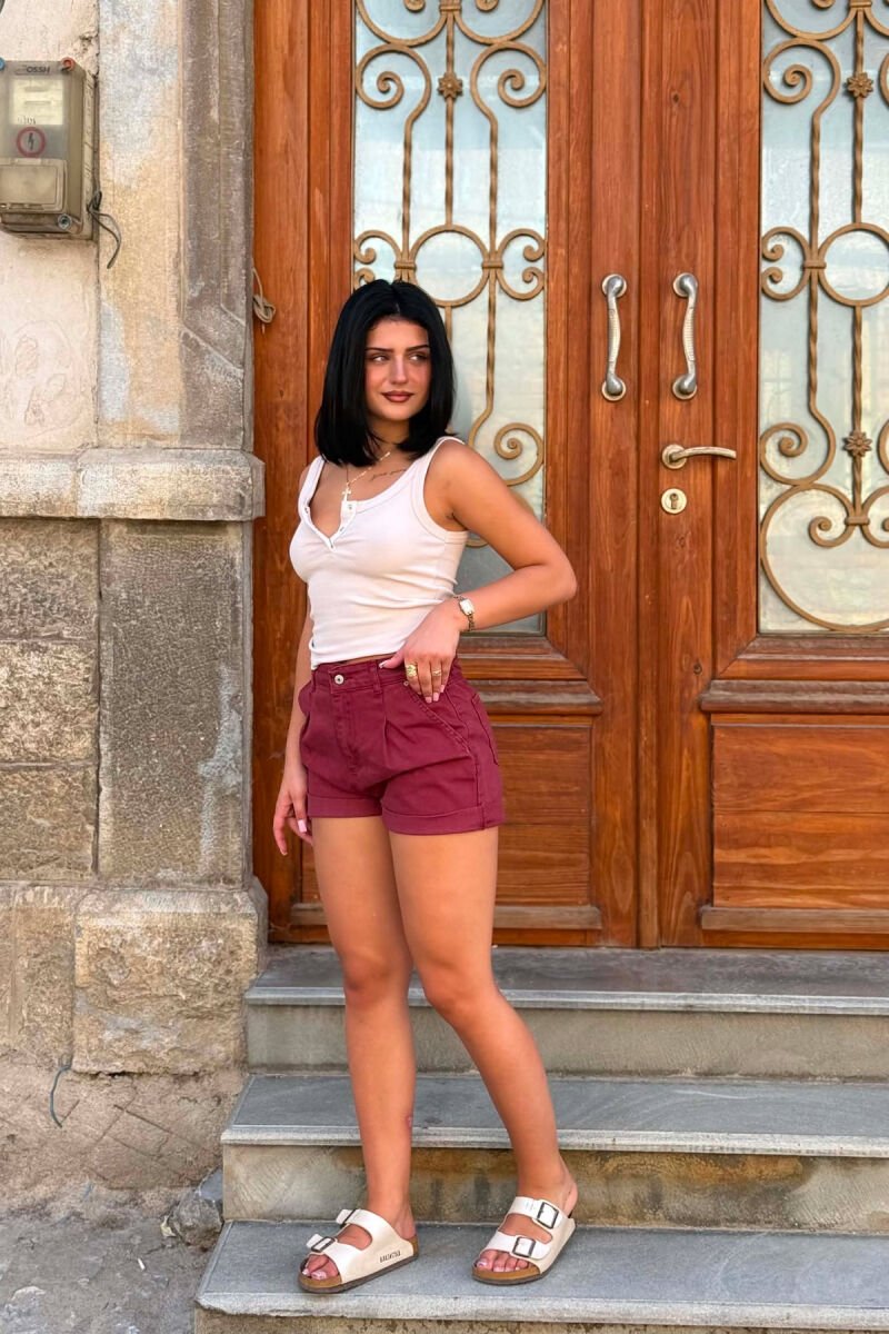 ONE COLOR SIMPLE DENIM WOMEN SHORTS BURGUNDY/VISHNJE - 3