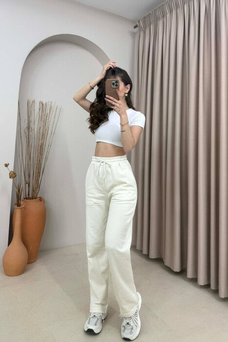 ONE COLOR SIMPLE ELASTIC WAIST WOMEN SWEATPANTS CREAM/KREM - 4