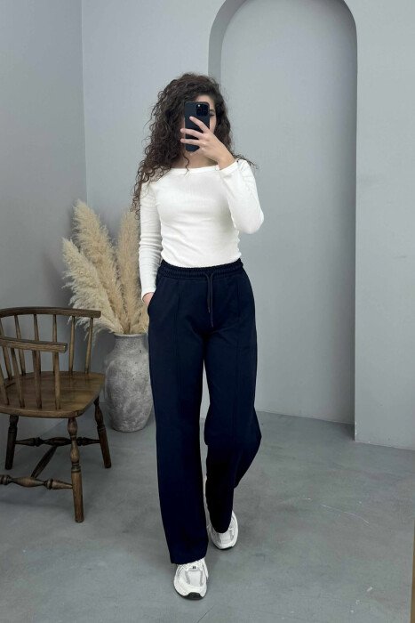 ONE COLOR SIMPLE ELASTIC WAIST WOMEN SWEATPANTS DARK BLUE/BEE - KLAUDIO FASHION