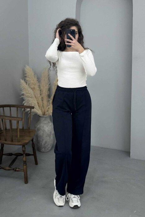 ONE COLOR SIMPLE ELASTIC WAIST WOMEN SWEATPANTS DARK BLUE/BEE - 2
