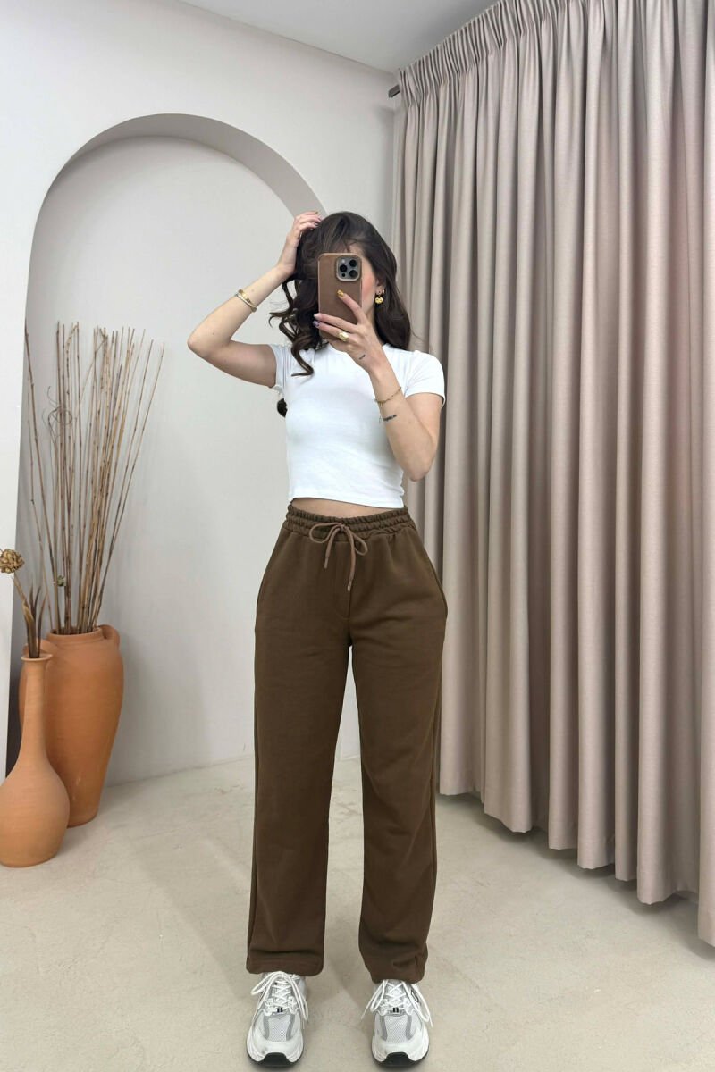 ONE COLOR SIMPLE ELASTIC WAIST WOMEN SWEATPANTS DARK BROWN/KAE - 1