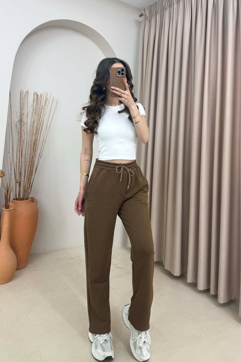 ONE COLOR SIMPLE ELASTIC WAIST WOMEN SWEATPANTS DARK BROWN/KAE - 2