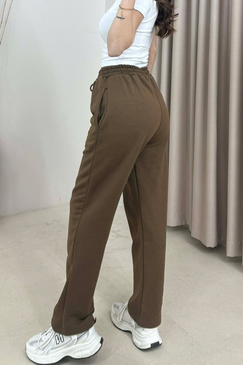ONE COLOR SIMPLE ELASTIC WAIST WOMEN SWEATPANTS DARK BROWN/KAE - 3
