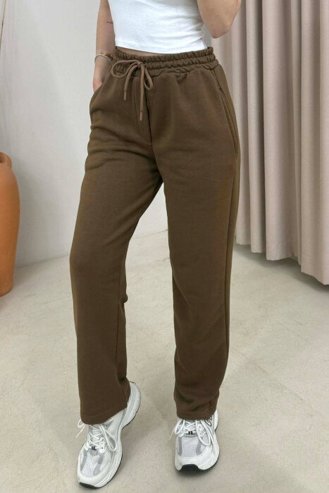 ONE COLOR SIMPLE ELASTIC WAIST WOMEN SWEATPANTS DARK BROWN/KAE - 4
