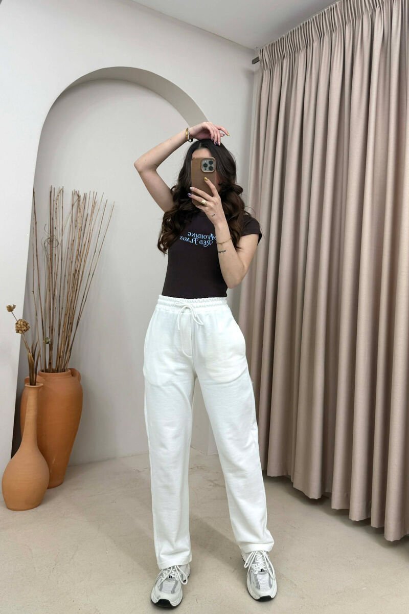 ONE COLOR SIMPLE ELASTIC WAIST WOMEN SWEATPANTS WHITE-E BARDHE - 1