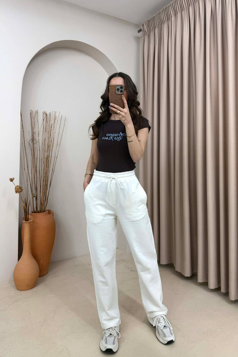 ONE COLOR SIMPLE ELASTIC WAIST WOMEN SWEATPANTS WHITE-E BARDHE - 2