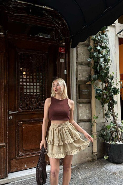 ONE COLOR SIMPLE ELASTIC WAIST WOMEN SKIRT BEIGE/BEZHE - 3