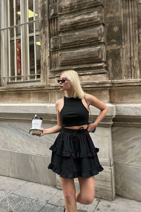 ONE COLOR SIMPLE ELASTIC WAIST WOMEN SKIRT BLACK/ E ZEZE - 1