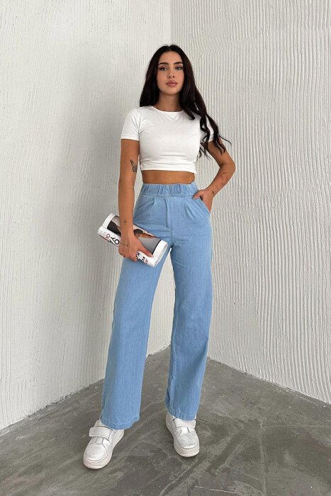 ONE COLOR SIMPLE ELASTIC WAIST WOMEN TROUSERS BABY BLUE/BLU BY - 1