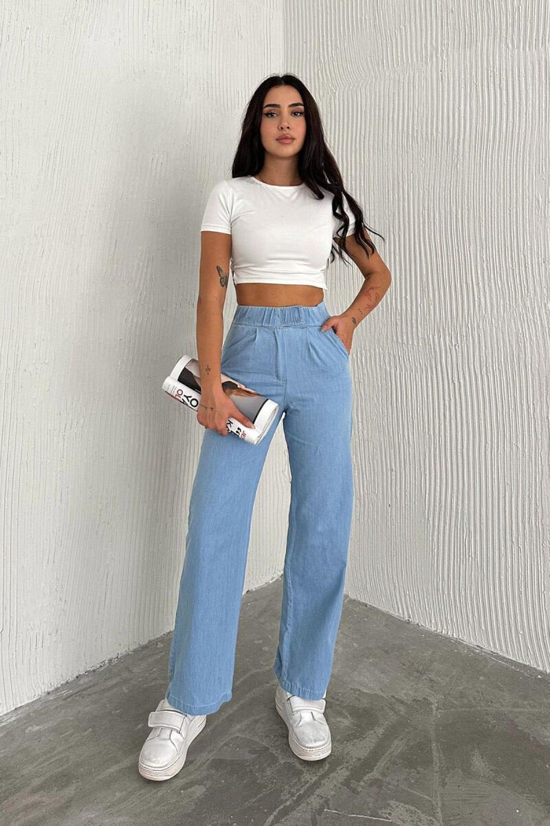 ONE COLOR SIMPLE ELASTIC WAIST WOMEN TROUSERS BABY BLUE/BLU BY - 1