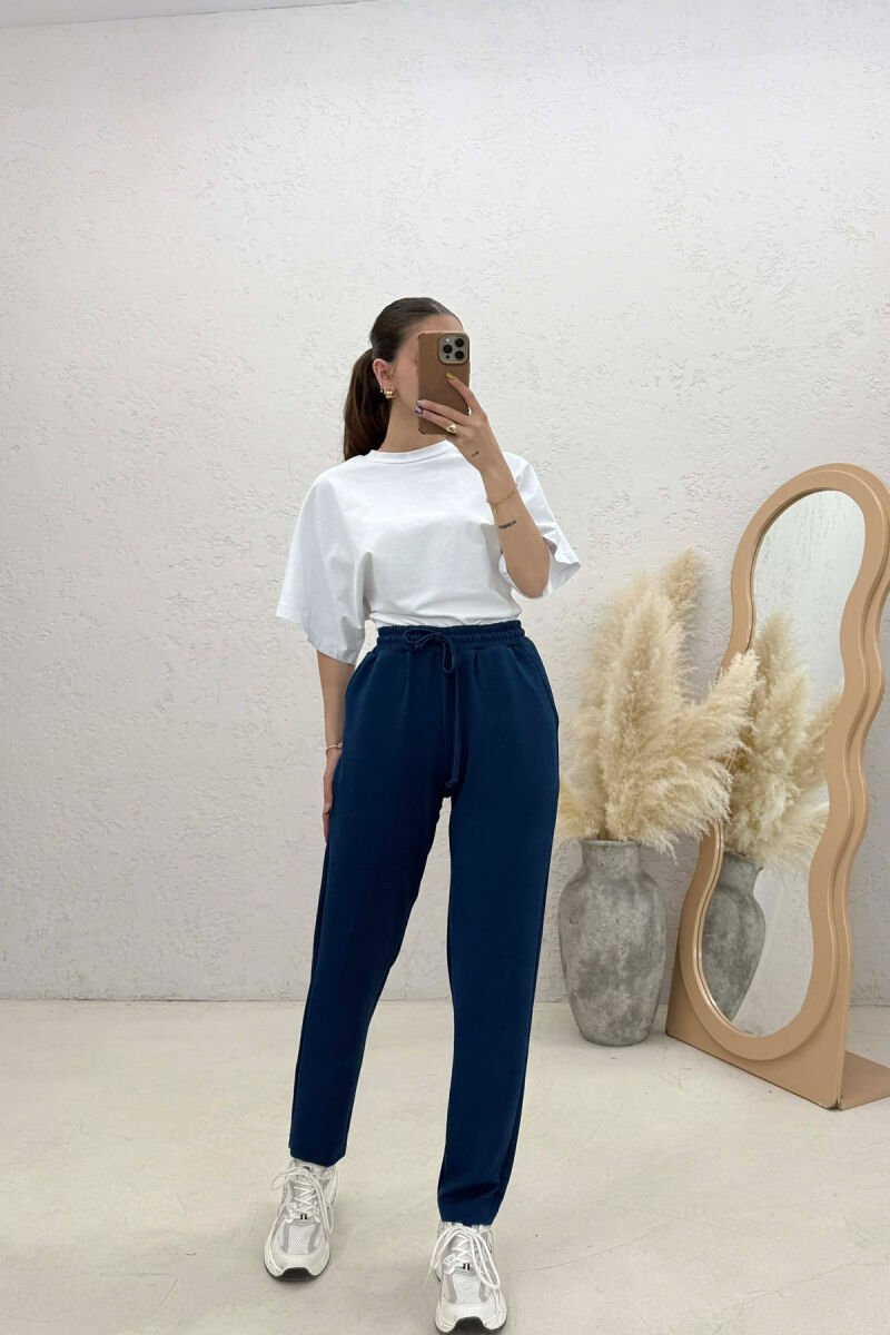 ONE COLOR SIMPLE ELASTIC WAIST WOMEN TROUSERS BLUE/BLU - 1