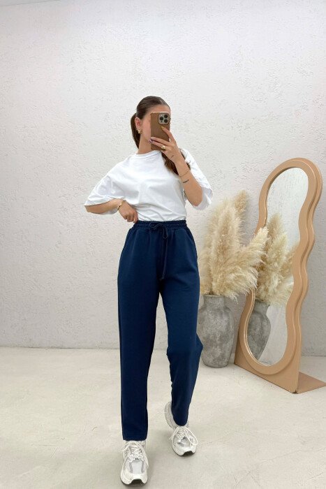 ONE COLOR SIMPLE ELASTIC WAIST WOMEN TROUSERS BLUE/BLU - 2