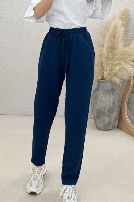 ONE COLOR SIMPLE ELASTIC WAIST WOMEN TROUSERS BLUE/BLU - 5