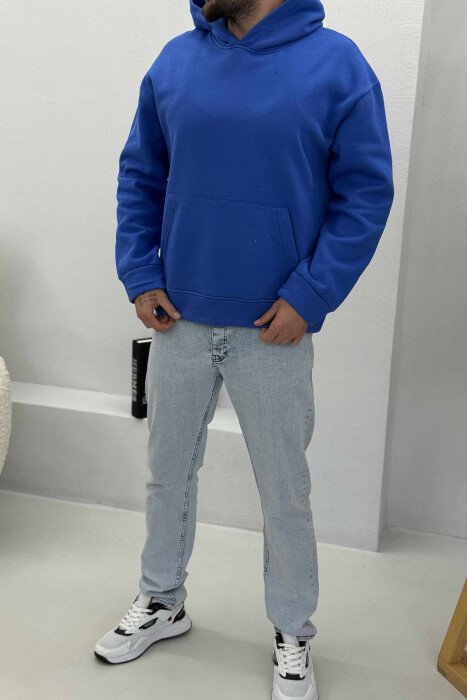 ONE COLOR SIMPLE FLUFFY MEN HOODIE BLUE/BLU 