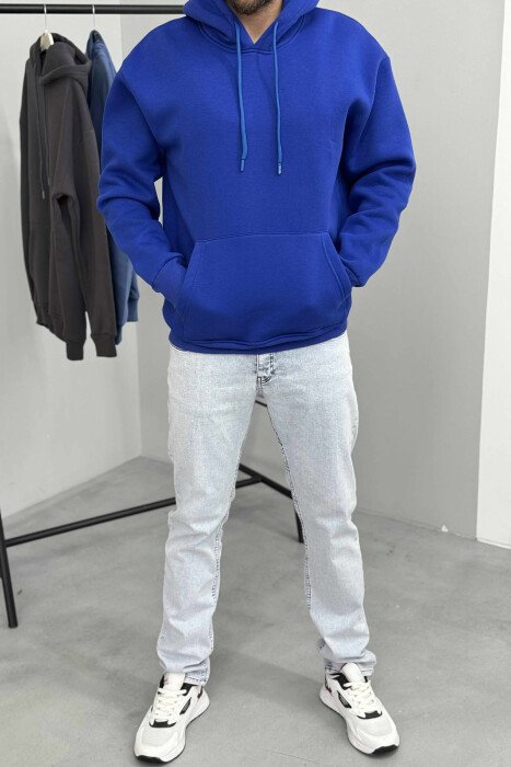 ONE COLOR SIMPLE FLUFFY MEN HOODIE BLUE/BLU - 1