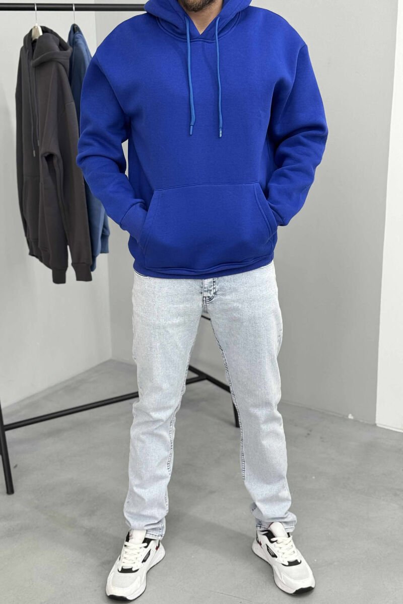 ONE COLOR SIMPLE FLUFFY MEN HOODIE BLUE/BLU - 1