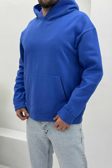 ONE COLOR SIMPLE FLUFFY MEN HOODIE BLUE/BLU - 4