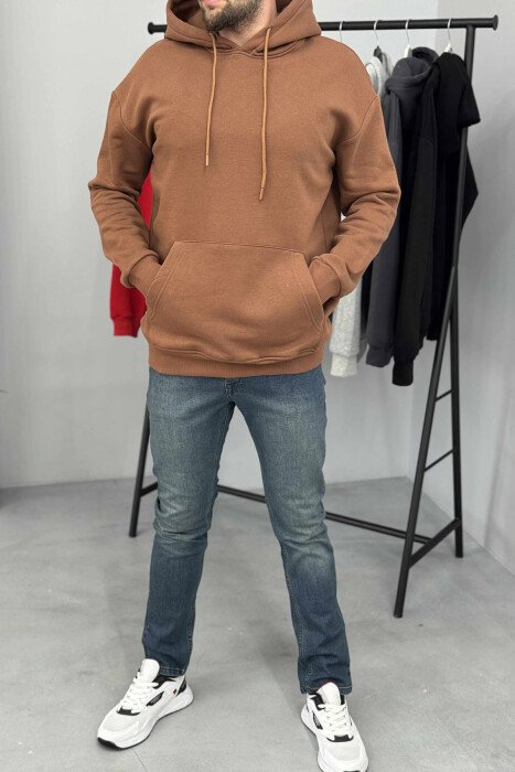 ONE COLOR SIMPLE FLUFFY MEN HOODIE BROWN/KAFE - KLAUDIO FASHION
