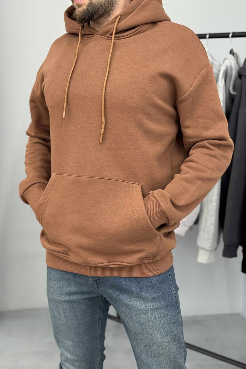 ONE COLOR SIMPLE FLUFFY MEN HOODIE BROWN/KAFE - 3