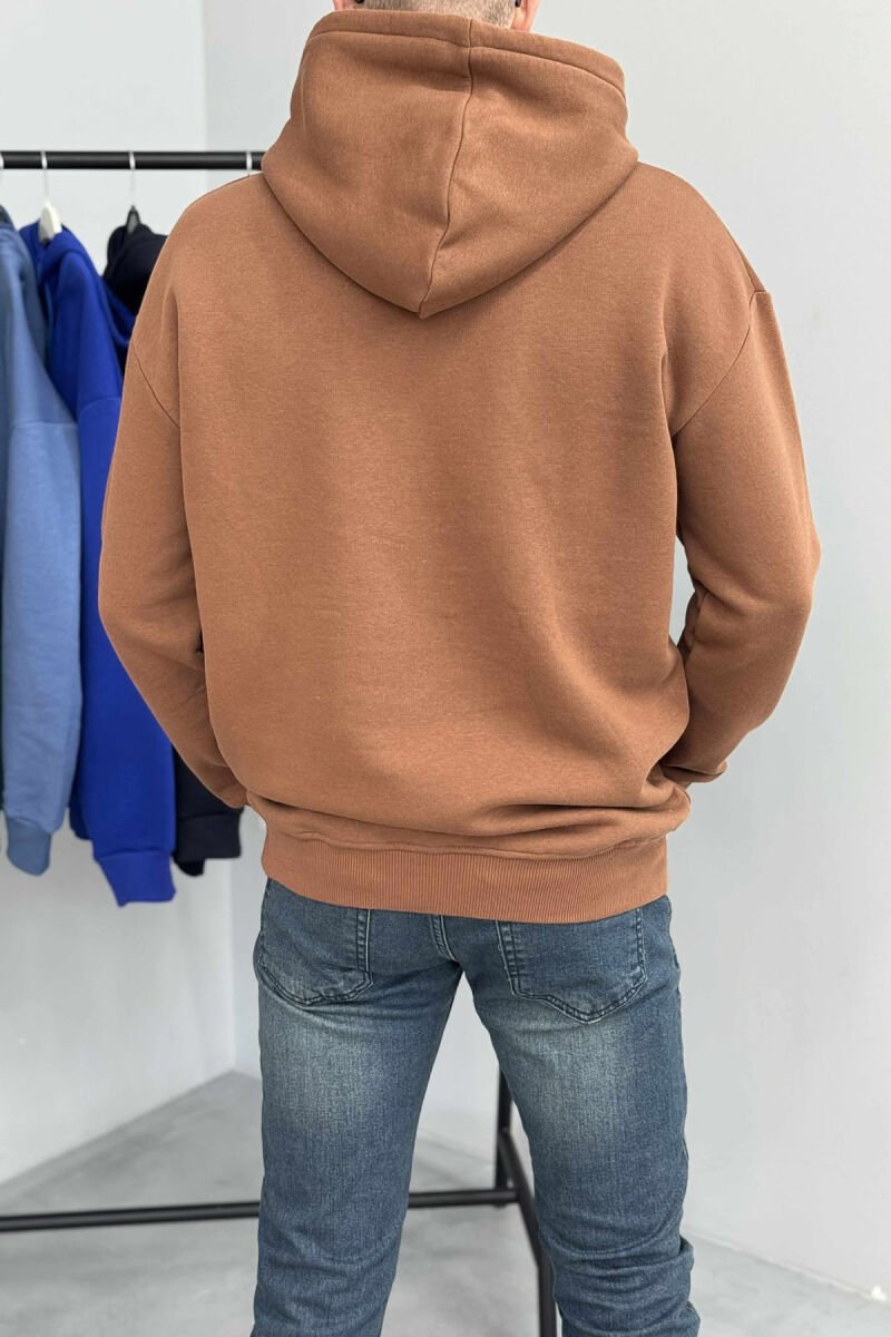 ONE COLOR SIMPLE FLUFFY MEN HOODIE BROWN/KAFE - 4