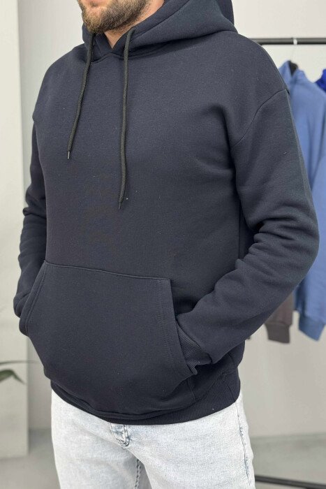 ONE COLOR SIMPLE FLUFFY MEN HOODIE DARK BLUE/BEE - 5