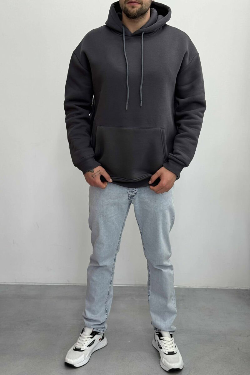ONE COLOR SIMPLE FLUFFY MEN HOODIE DARK GREY/GEE - 1