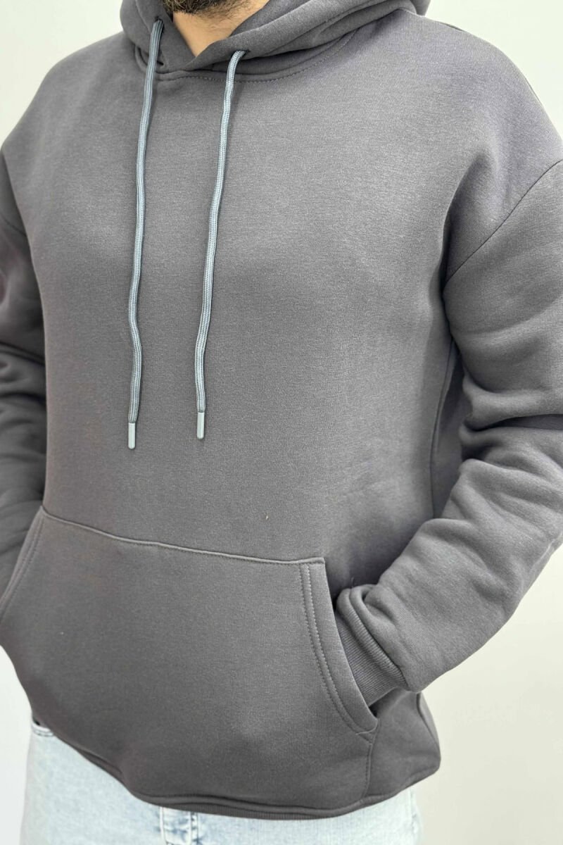ONE COLOR SIMPLE FLUFFY MEN HOODIE DARK GREY/GEE - 2