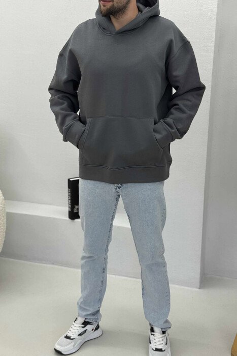 ONE COLOR SIMPLE FLUFFY MEN HOODIE DARK GREY/GEE 