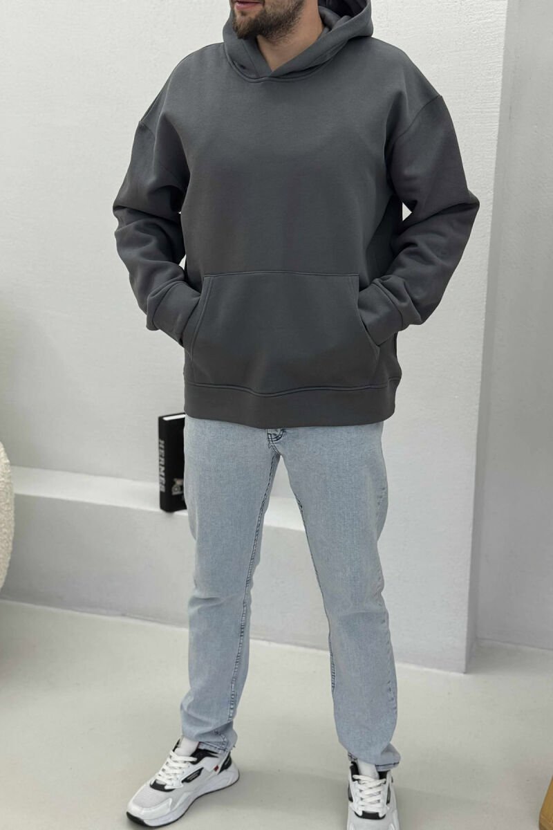 ONE COLOR SIMPLE FLUFFY MEN HOODIE DARK GREY/GEE - 1