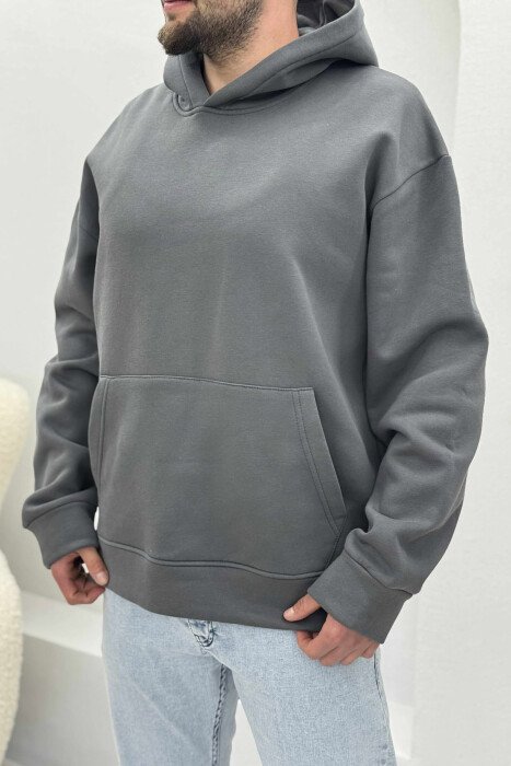 ONE COLOR SIMPLE FLUFFY MEN HOODIE DARK GREY/GEE - 2