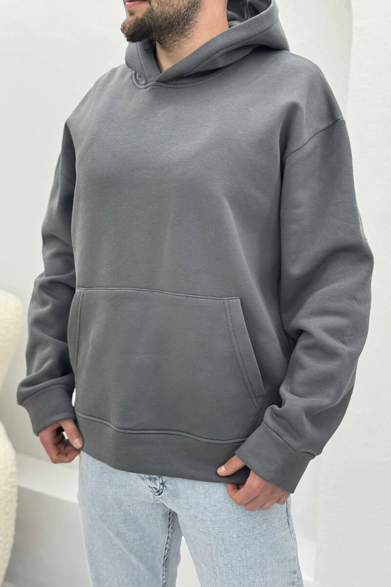 ONE COLOR SIMPLE FLUFFY MEN HOODIE DARK GREY/GEE - 2